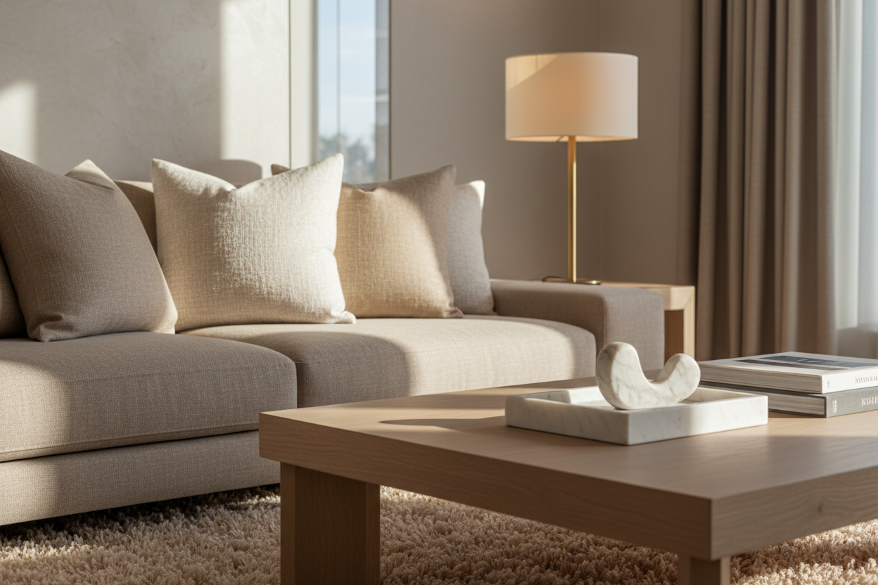 Natural luxury living room with linen pillows, wool rug, and light oak coffee table.