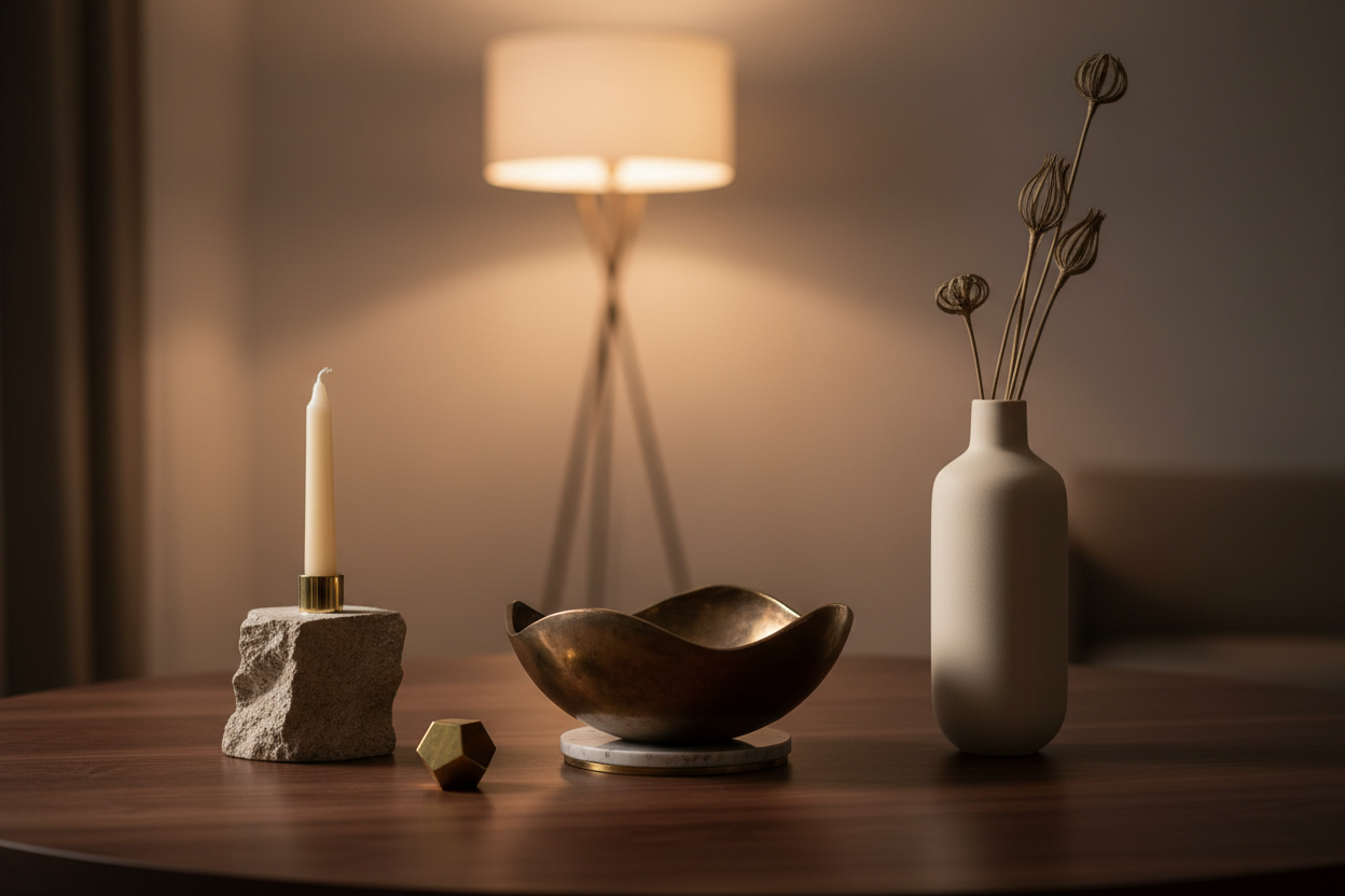Textured candle holder and sculptural vase on a walnut tabletop in a curated modern setting.
