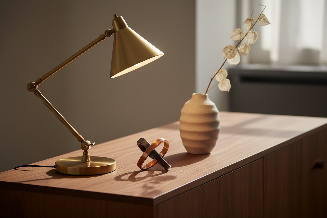 Brass lamp and mixed-metal decor styled on a warm wood surface in a refined interior.