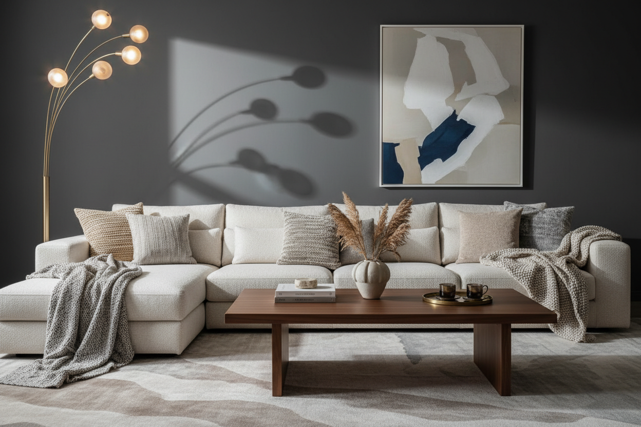 Contemporary living room with neutral sofa, walnut coffee table, and abstract textured rug.