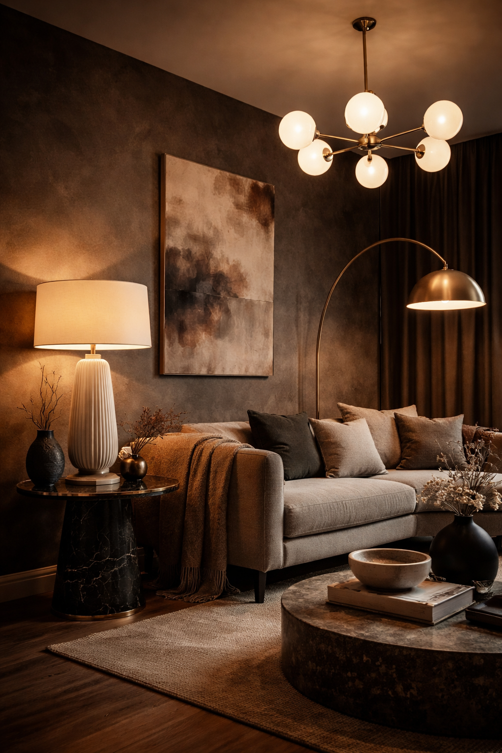 Contemporary interior with sculptural lighting and warm layered glow.  🔖 Hashtags