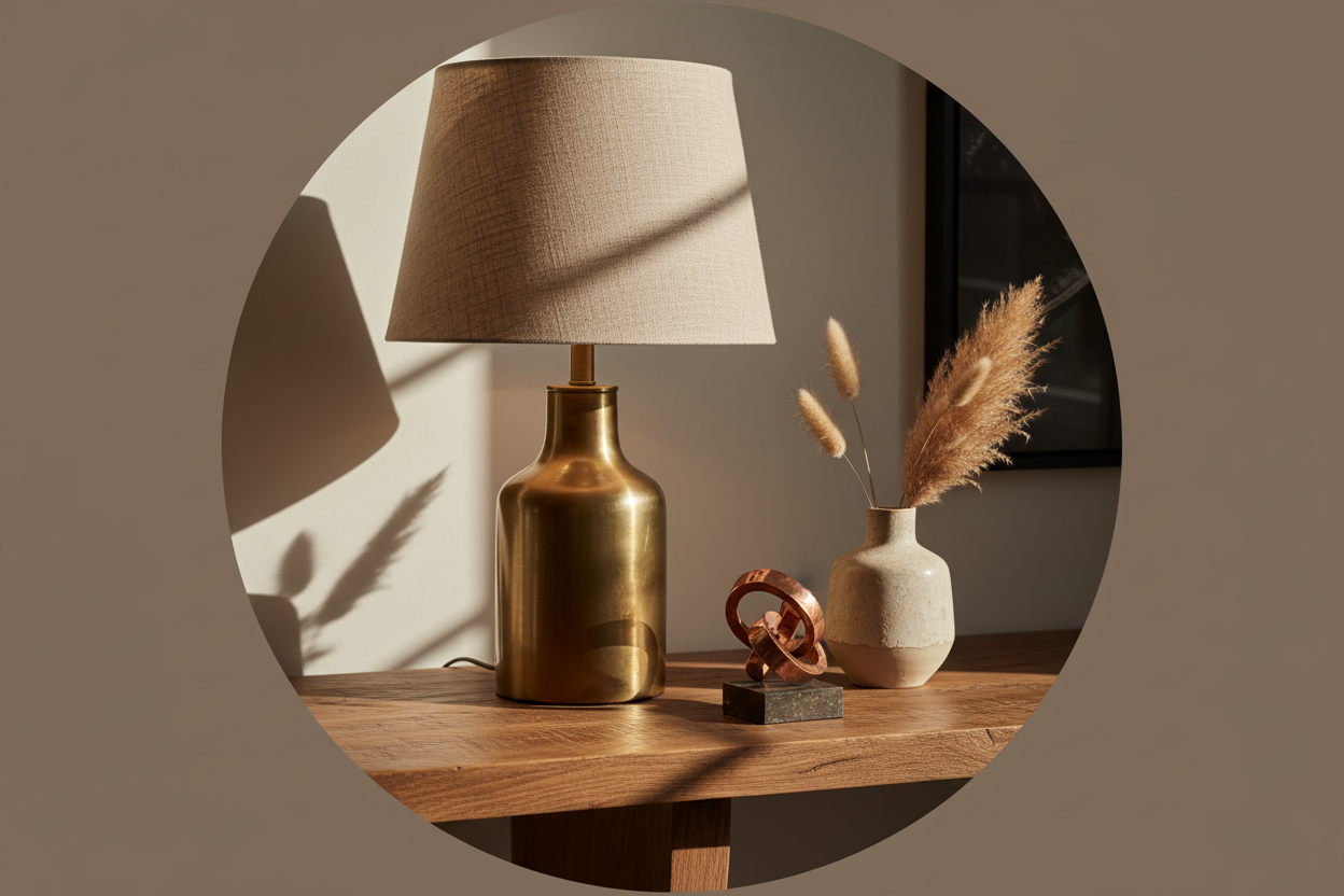 Brass lamp and mixed-metal decor styled on a warm wood surface in a refined interior.