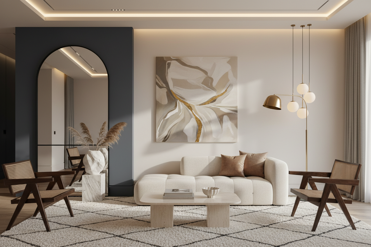 Luxury contemporary living room styled with oversized mirror, sculptural decor, and premium textured rug.