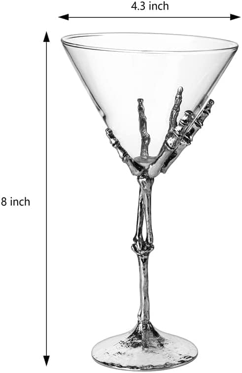 Stemmed Skeleton Martini Glasses Set of 2 – 9" Gothic Skeleton Hand Cocktail Glasses – Spooky Halloween Barware for Drinks, Wine & Martinis – Goth Party Decorations, Skeleton Gifts & Unique Glass Set