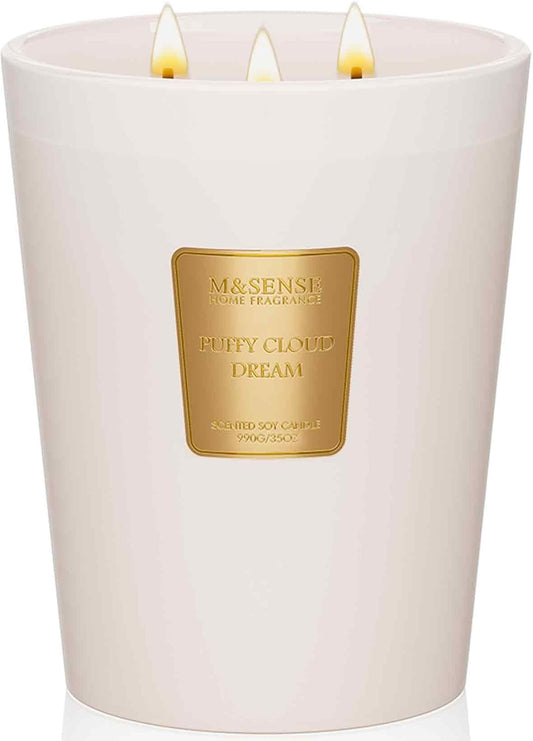 M&SENSE Puffy Cloud Dream Scented Candle, 35 OZ Extra Large 3 Wick Natural Soy Wax Candles 150 Hours Long Lasting Slow Burning, Candles Gift for Spring Home Decor