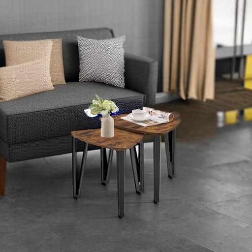 VASAGLE Nesting Coffee Tables, End Tables Set of 2 for Living Room Bedroom, Industrial Small Stacking Side Tables with Metal Frame for Couch, Rustic Brown and Black ULET013B01