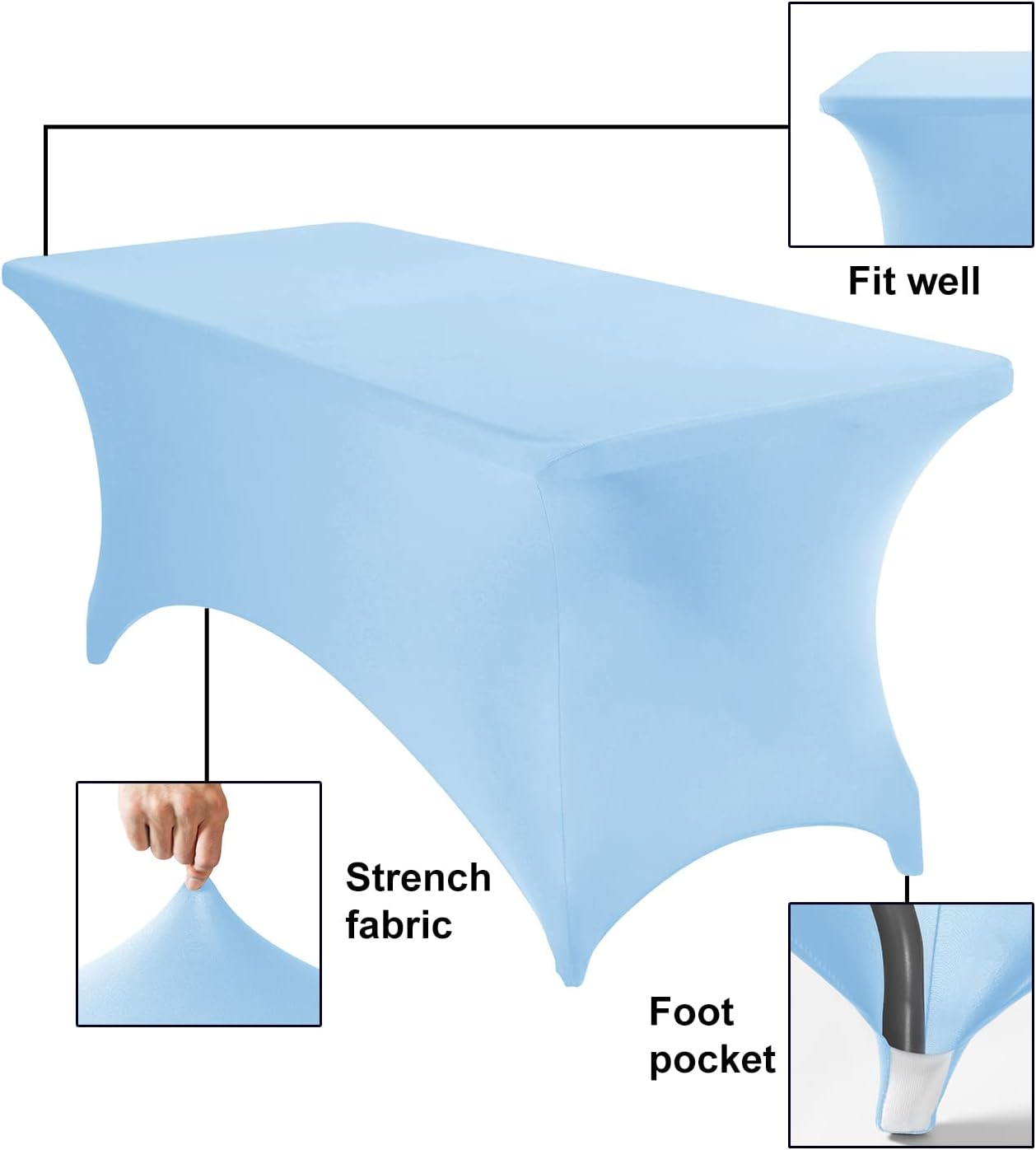 2-Count Spandex Waterproof Tablecloths, 6FT, Blue Mist (Stretchable, Stain Resistant), All-Season, 2 Pack, Wedding, Party, Banquet, Events Table Covers