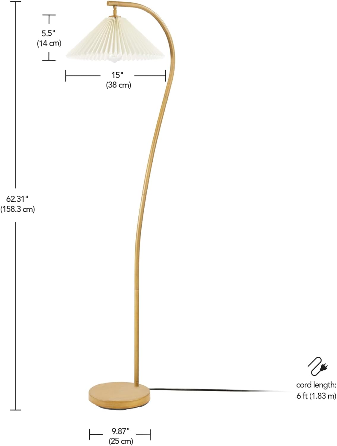 GLOBE Electric x Novogratz 61000043 62" Floor Lamp, Wood Toned, White Pleated Shade, Pivot Joint on Shade, On/Off Foot Switch, Black Cord, Modern Lighting for Living Room or Office