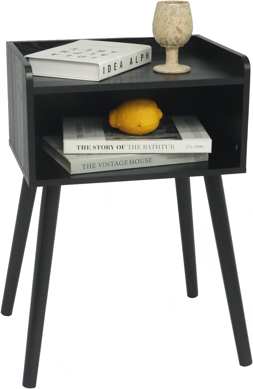 MaxSmeo Nightstand, Mid Century Modern Side Table Bedroom with Storage, Small End Bedside Table with Solid Wood Legs for Living Room, Office Small Spaces (Black)