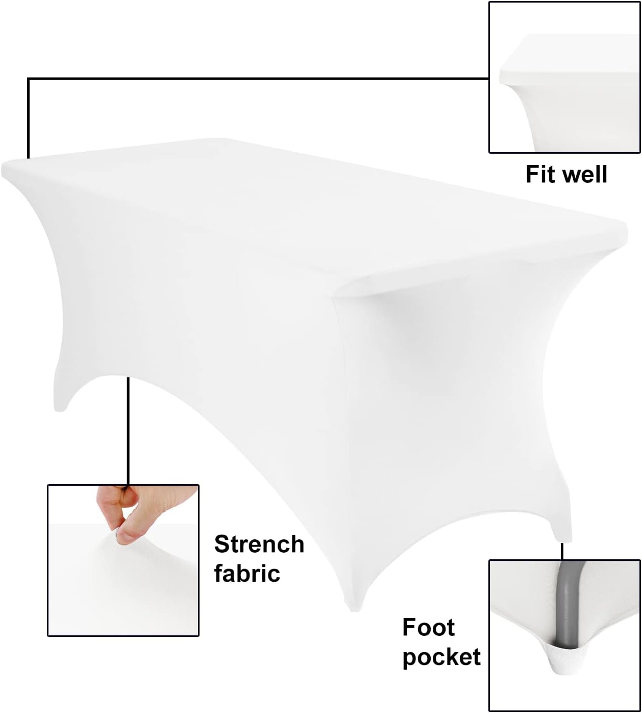 2Pack Spandex Waterproof Table Covers 6ft，Spandex 6ft Waterproof Table Cover for Party,Wedding, Banquet, and Events(White)
