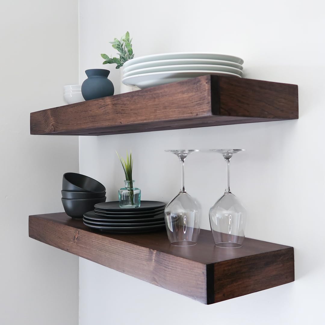 Modern Floating Shelves 3 Inches Thick for Wall, Wide Shelves for Kitchen, Living Room, Bedroom, and Bathroom, Natural Pine Wood, Rustic Wooden Shelf, (Set of 2) (Provincial, 36Lx3Hx8D)
