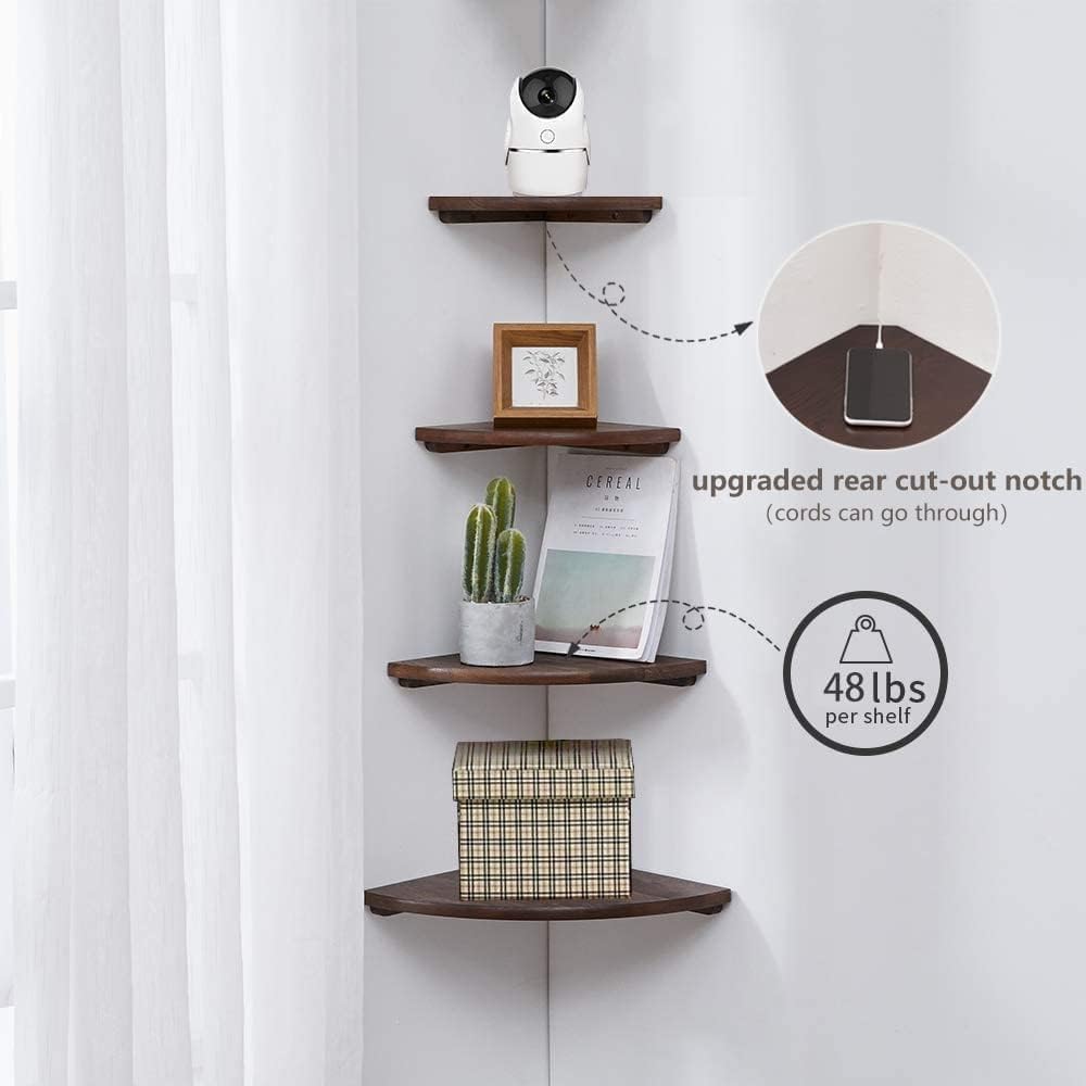 Corner Shelves, Floating Corner Shelf, Set of 2 7inch Solid Oak Wood Corner Wall Shelves, Round End with Wire Hole for Small Plant for Bedroom Kitchen, Living Room