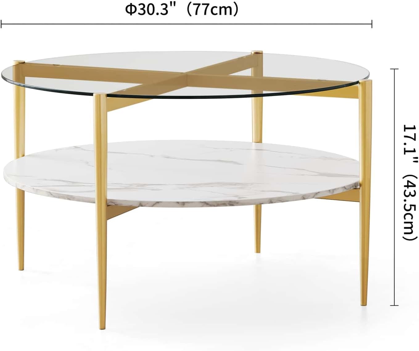 Round Coffee Table for Living Room, Mid-Century Modern Design, D30 x H17, 2-Tier Structure, Clear Glass Top and White Marble Finish Wood Shelf, Sleek Conical Metal Legs with Gold Finish Frame
