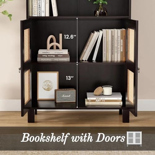 Tall Bookshelf, 5-Tier Book Shelf with 2 Rattan Doors, Freestanding Bookcase Display Shelves with Large Storage, Book Case for Living Room, Office, Study, Bedroom, 70.9 Inch
