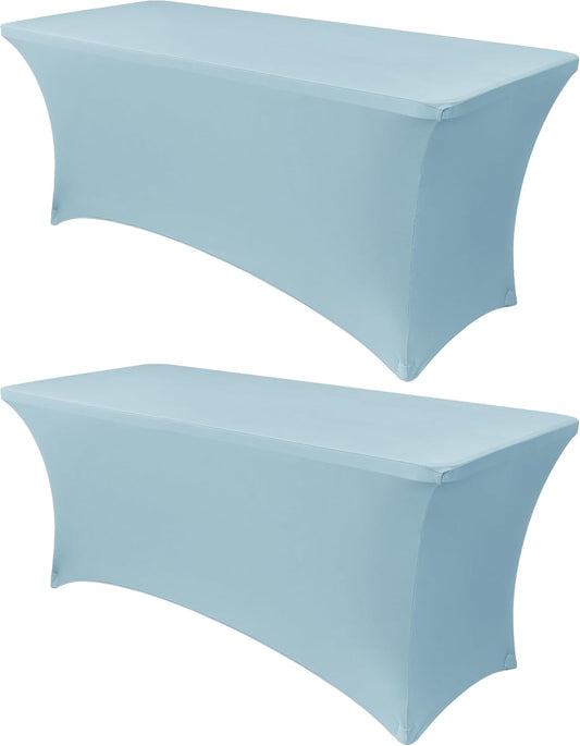 Obstal 8Ft Stretch Spandex Table Cover for Standard Folding Tables - 2 Pack Universal Rectangular Fitted Tablecloth for Party, Banquet, Events, Trade Show (Dusty Blue, 96L x 30W x 30H Inches)