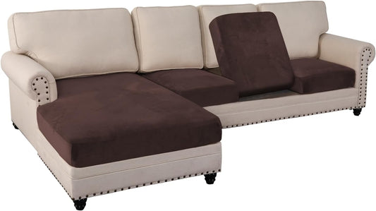 PrinceDeco Sectional Couch Covers 4 Pieces Velvet Separate Couch Cushion Covers L Shape for Left/Right Chaise Sectional Couch with Elastic Bottom (3 Seater + 1 Chaise,Brown)