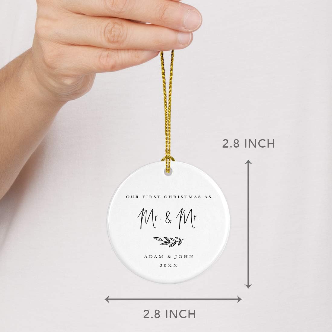 Andaz Press Personalized Gay Couple Wedding Round Ceramic Porcelain Tree Ornament Engagement Keepsake Gift, Our First Christmas As Mr. & Mr, 2024, Antique Handdrawn, 1-Pack Gay Christmas Ornaments
