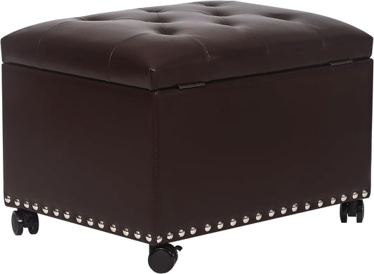 Leather Storage Ottoman Bench with Steerable Rolling Wheels, Rectangle 24 Inch Foot Rest Ottomans Stool for Living Room Bedroom (Vintage Brown)