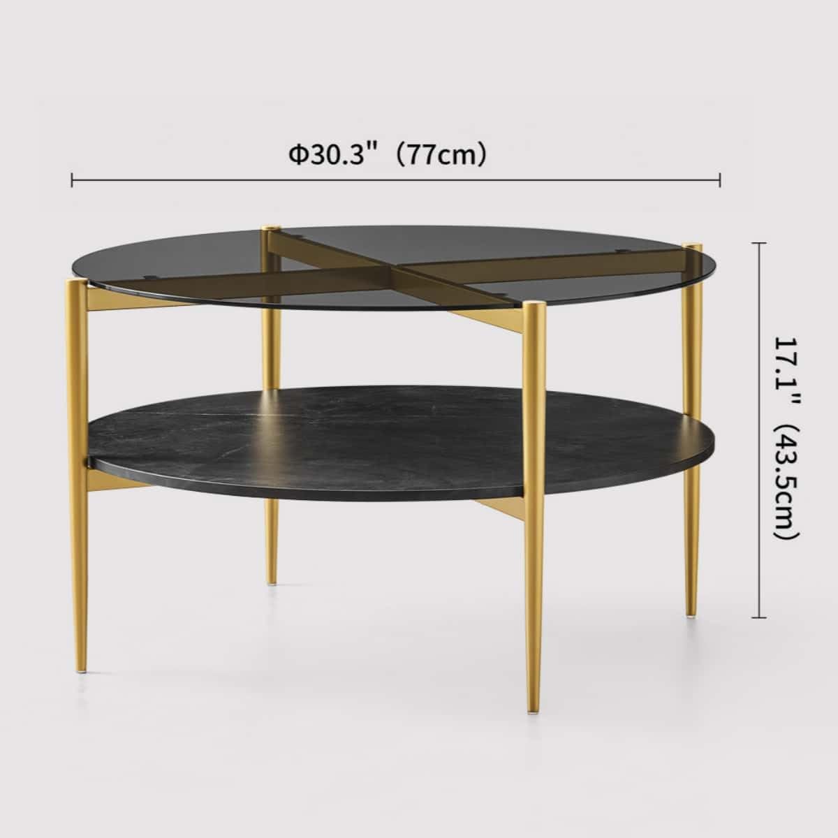 Round Coffee Table for Living Room, Mid-Century Modern Design, D30 x H17, 2-Tier Structure, Grey Glass Top and Black Marble Finish Wood Shelf, Sleek Conical Metal Legs with Gold Finish Frame