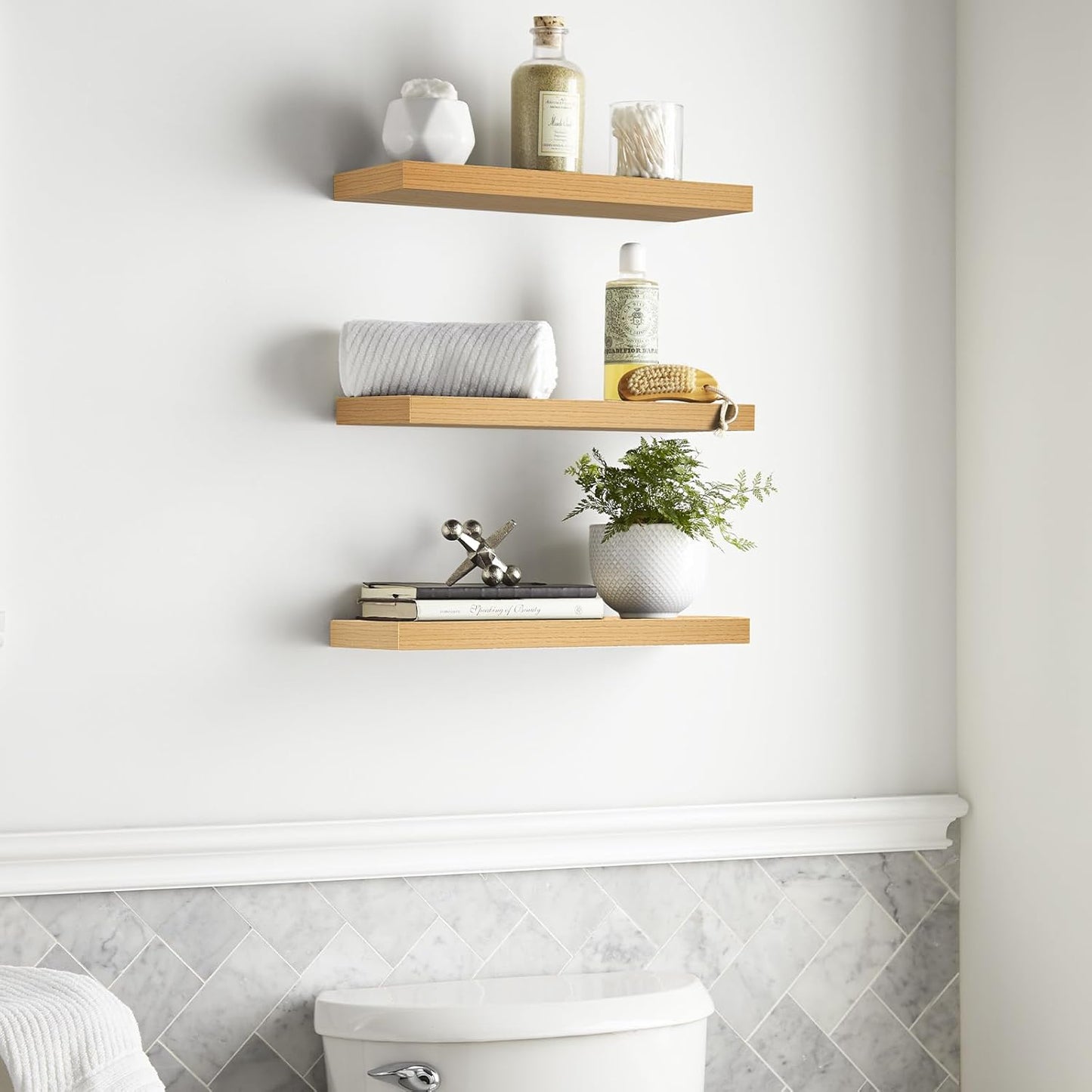 BAYKA Floating Shelves for Wall, 22.5 inches Wall Mounted Rustic Wood Shelves for Bathroom, Bedroom, Living Room, Floating Shelves for Books/Storage/Decor (Oak-Toned,Set of 3)
