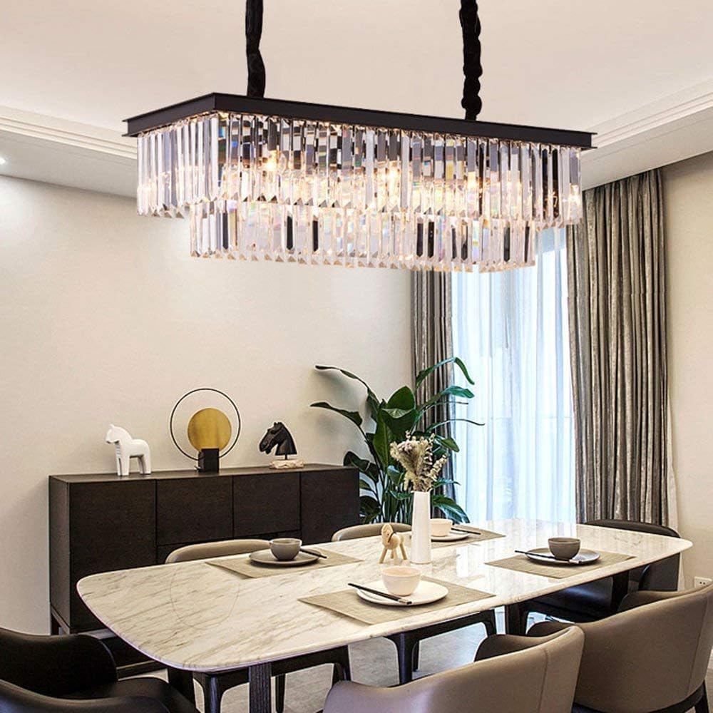 Modern K9 Crystal Chandelier Pendant Light Fixture, Rectangular Ceiling Lamp with 8-Lights for Dining Room & Kitchen, Finished in Chrome, L33.5 Inch