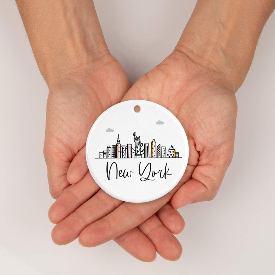 Andaz Press Round Ceramic Porcelain Christmas Tree Ornament Keepsake, New York Colorful City Skyline Graphic, 1-Pack, Birthday Gift Ideas for Family Coworker Him Her, Includes Gift Box