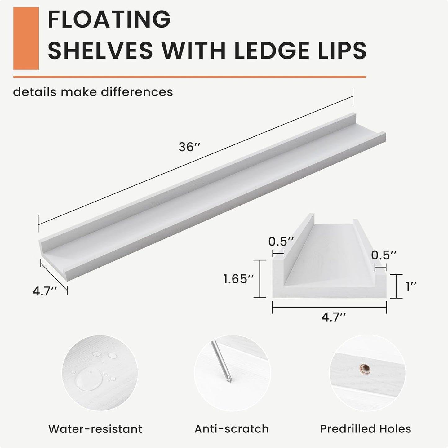 Solid Ash Wood Picture Ledge Shelf, 36 Inch Floating Shelves with Lip Set of 2, Photo Ledge Shelf Nursery Bookshelf Wall Mounted for Living Room Bedroom Decor, White