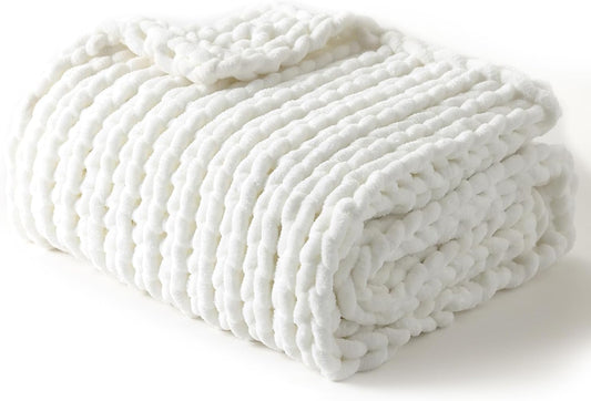 YnM Chunky Throw Blanket, Medium-Weight, Hand Knitted with Chenielle Yarn, Skin Friendly, Ventilated and Breathable, Machine Washable, Home Décor Piece for Couch, Sofa and Bed (White, 60x80 Inch)