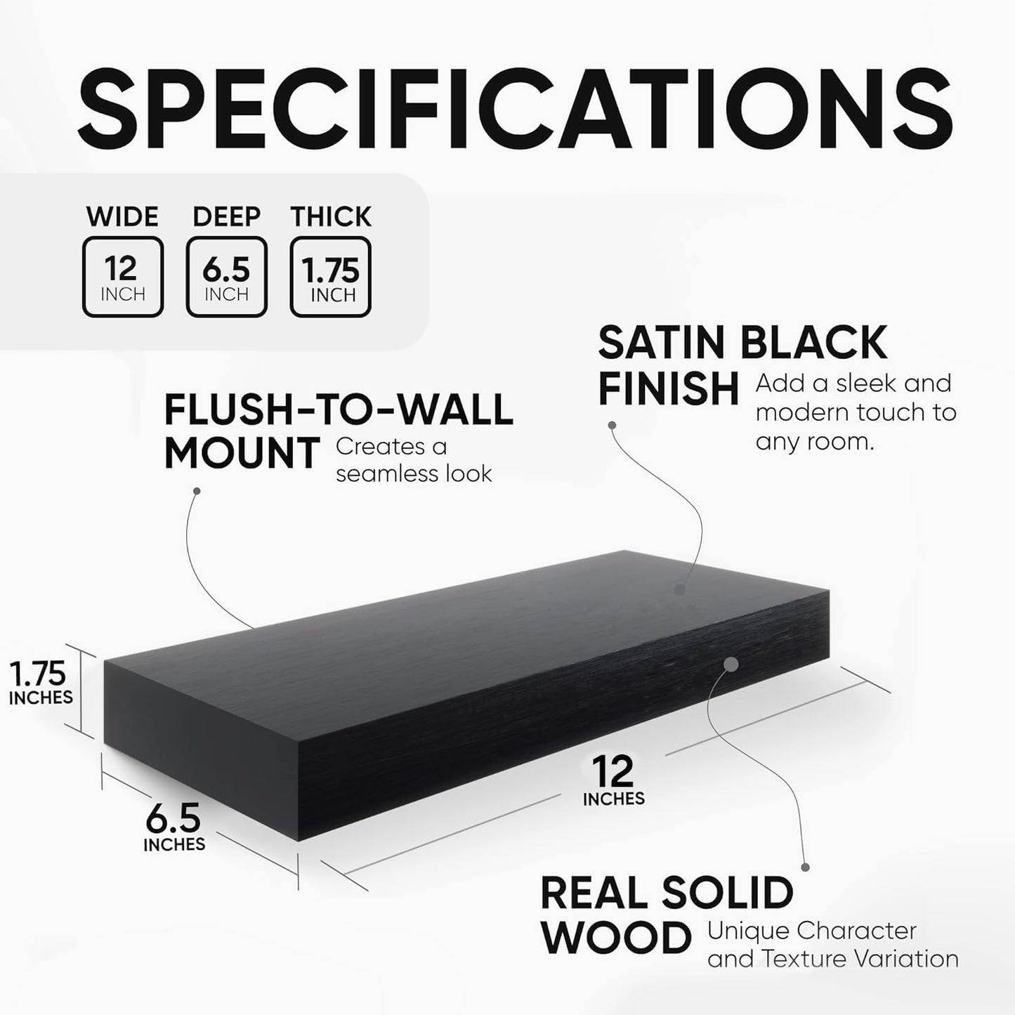 Homeforia Floating Shelf Black 12 inch, High End Solid Real Wood Small 12inch Floating Shelves for Wall Mounted, Black Wooden 12 in Floating Shelves, Heavy Duty Bracket, 12 X 6.5 X 1.75 inch, Set of 3