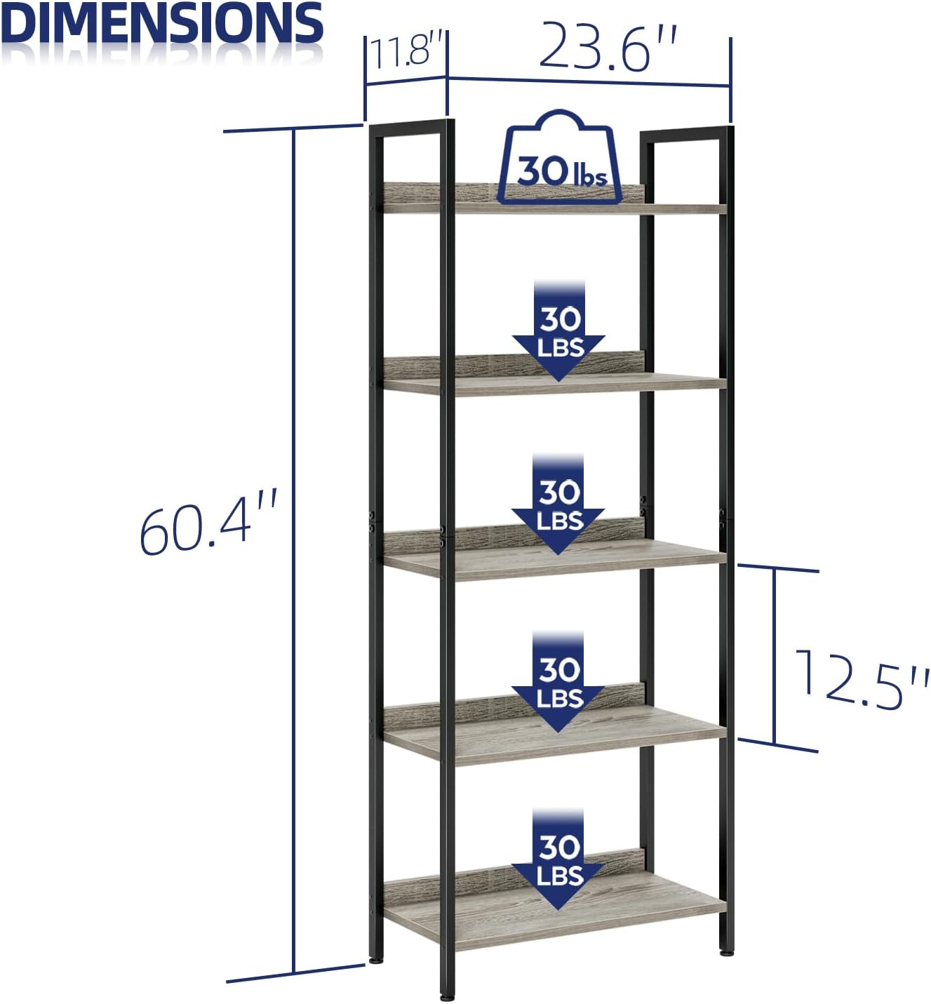 NUMENN Bookshelf, 5 Tier Bookshelves, Home Office Bookcase Shelf Storage Organizer, Free Standing Storage Shelving Unit for Bedroom, Living Room and Home Office, Grey