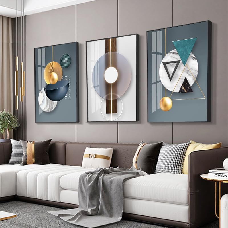 ARTKN 3 Pieces Framed Abstract Geometric Wall Art, Art Shapes Patterns Paintings, Modern Wall Decor Artwork, Large Wall Art for Living Room Bedroom Office(Blue, 16" X 24" X 3 pieces)
