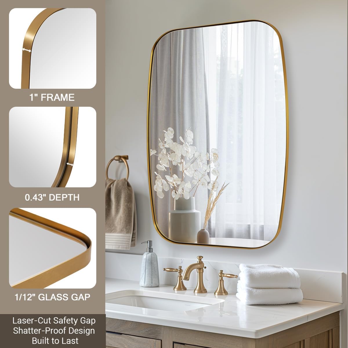 ANDY STAR 24x40” Gold Bathroom Mirror, Oblong Brass Mirror with Stainless Steel Metal Frame, Brushed Gold Oval Vanity Mirror for Over Sink, Modern Anti Rust Wall Mounted