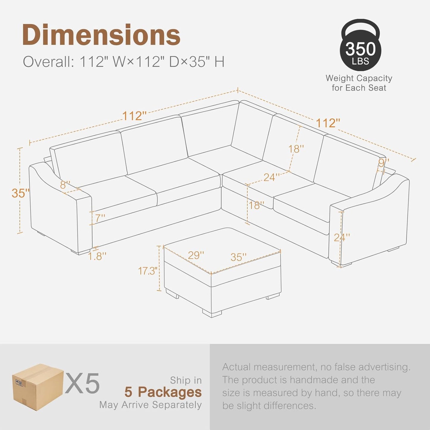 112" Modular Sectional Sofa, Large 7 Seater L Shaped Couch with Detachable Sofa Cover, Movable Ottoman, Deep Seat Corner Couch for Living Room, Apartment - Linen Fabric, Ivory