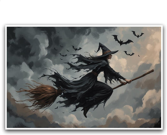 JFHCQJPK Witch and bat flying Halloween poster suitable for home party wall decoration retro Halloween preppy style wall art canvas print suitable for room decoration24x36in Frameless