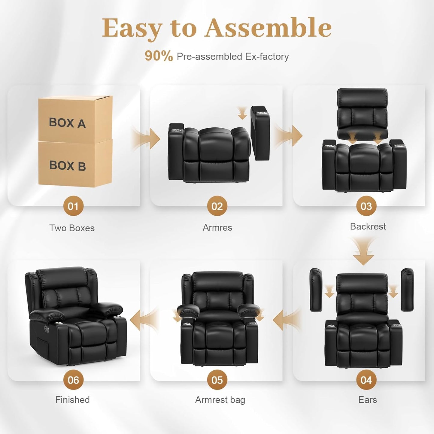 Recliner Chair for Adults, Oversized PU Leather Manual Pull Tab Reclining Chair with Cup Holders, Minimalist Style Single Sofa for Living Room, RV (Black)