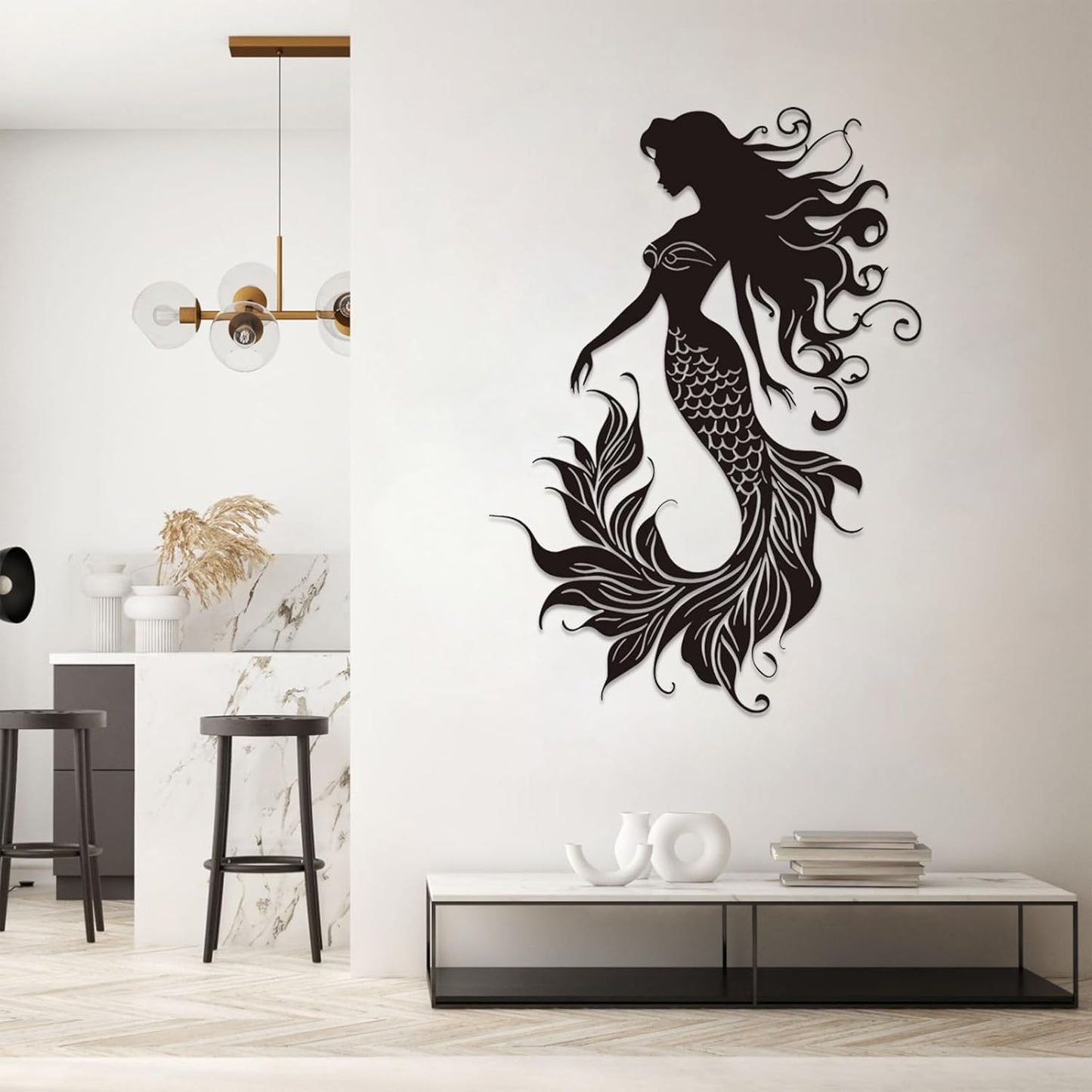 Veplsur Mermaid Metal Wall Art, Metal Mermaid Wall Decor, Marine Biology Wall Decor, Ocean Wall Art, Nautical Wall Hanging, Beach Hanging for Bathroom Bedroom (White, 19"x13"|47x33cm)