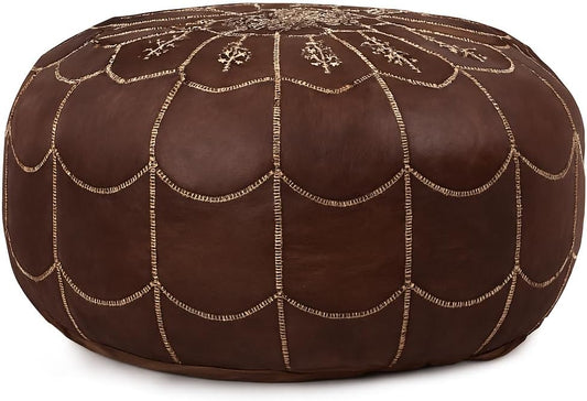 Stuffed Arch Design Moroccan Leather Pouf Ottoman, Handmade, Pre-Filled, 100% Genuine Leather, 14” Height x 22” Diameter – Boho Chic Footstool & Living Room Décor (Brown)