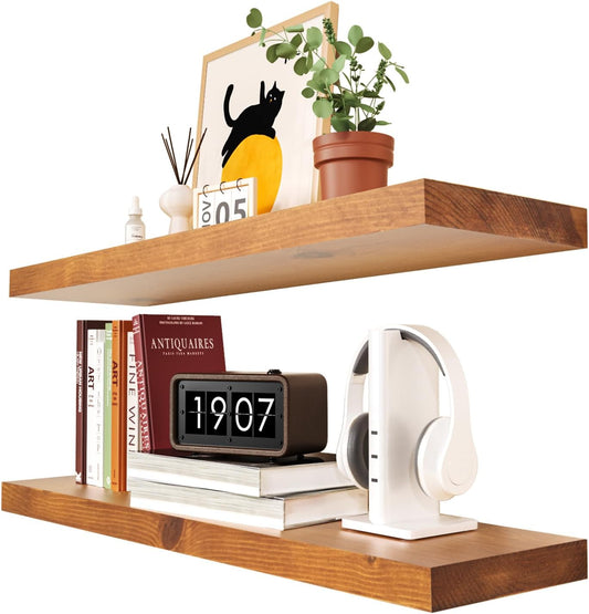 Habudda Floating Shelves, Wall Shelf for Bathroom Bedroom Kitchen, Natural Pine Real Wooden Shelves, Wall Mounted, 100% Pine, Set of 2, 30 Inches Long, Honey Oak