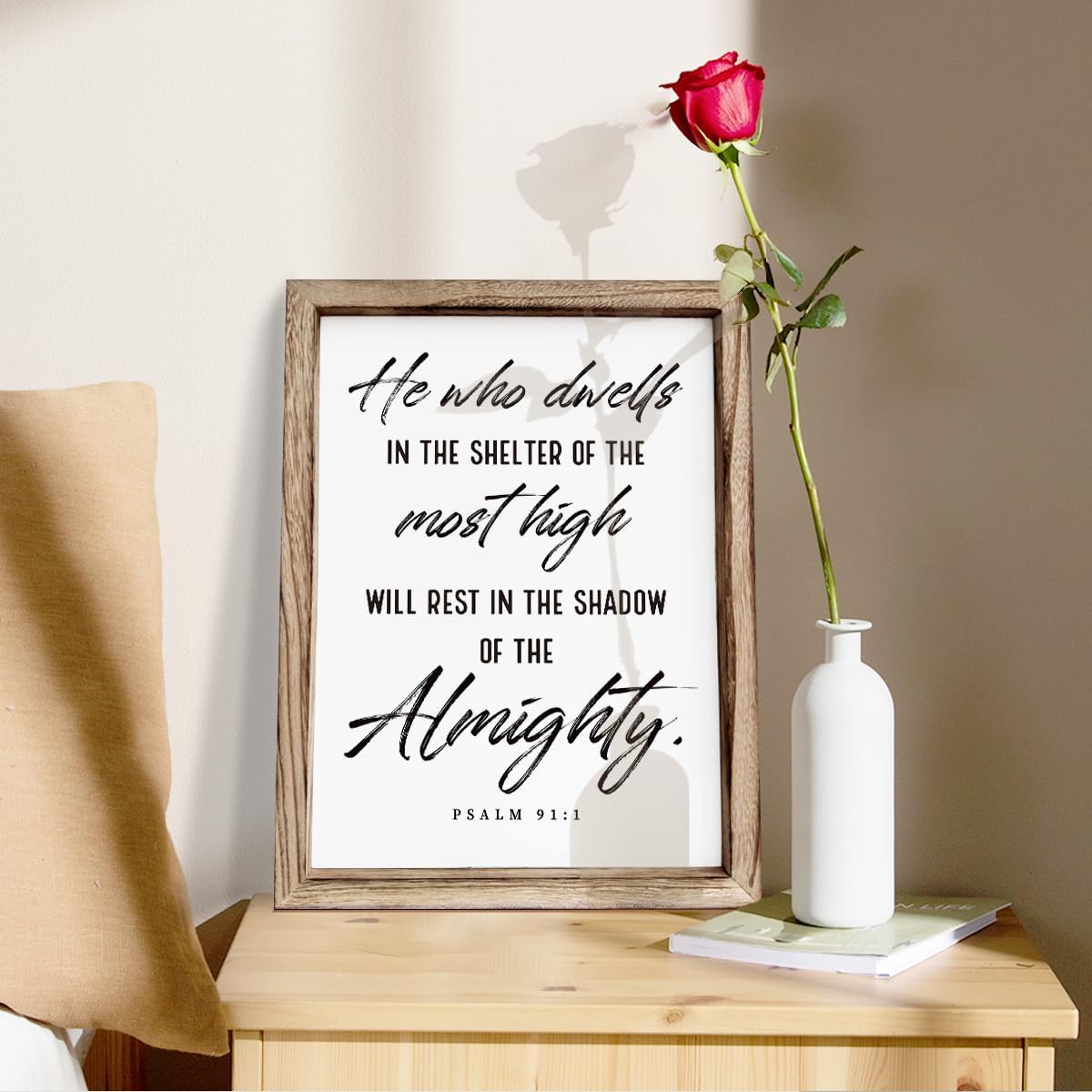 Christian Wooden Wall Sign, Inspirational Home Decor for Living Room, Wall Decor Art, Framed Wood Plaque Sign 15 * 11.5 inches, He Who Dwells in the Shelter of the Most High