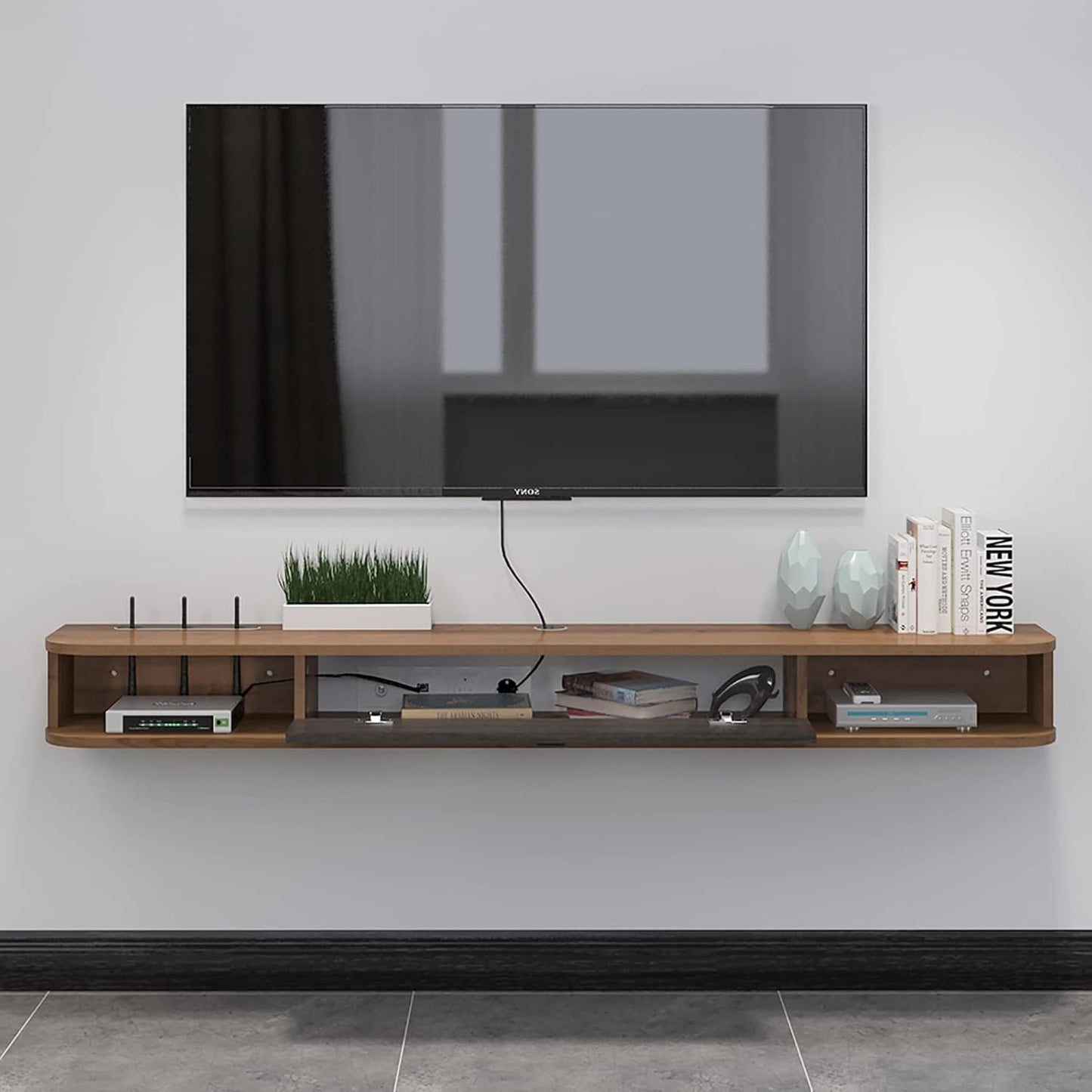 Pmnianhua Floating TV Shelf, 94'' Wall Mounted TV Stand Floating TV Console Media Entertainment Under TV Shelf for Bedroom Living Room (Walnut)
