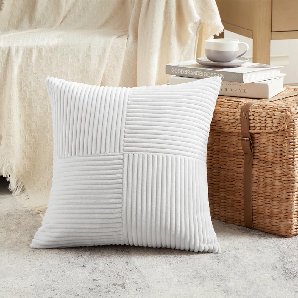 Fancy Homi 2 Packs Pure White Decorative Throw Pillow Covers 22x22 Inch for Living Room Couch Bed, Rustic Farmhouse Boho Home Decor, Soft Corss Corduroy Patchwork Accent Square Cushion Case 55x55 cm
