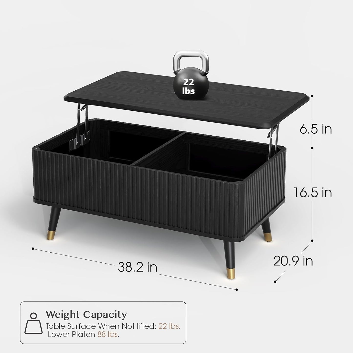 Lift Top Coffee Table with Storage Shelf & Hidden Compartment, Mid Century Modern Fluted Rectangle Dining Table for Living Room, Home Office,Black