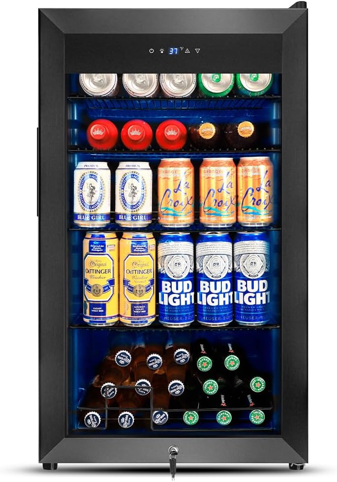 Tylza 130 Can Beverage Refrigerator Cooler, 3.22 Cu.Ft Beverage Cooler with Low-E Glass Door, Safety Lock, Beverage Fridge for Soda, Beer, Wine, Mini Fridge for Home, Office, Bar, Bedroom, Black