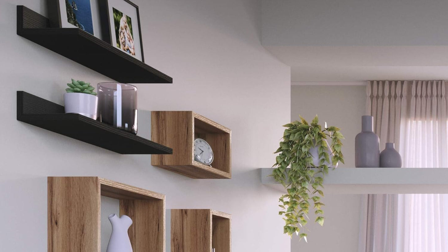 Mobili Fiver, Set of 2 Rachele Shelves, 23.62 in, Ashwood Black, Melamine-Finished, Wall Mounted Shelves for Bedroom, Corridor, Kitchen, Entrance, Living Room, Office, Italian Furniture
