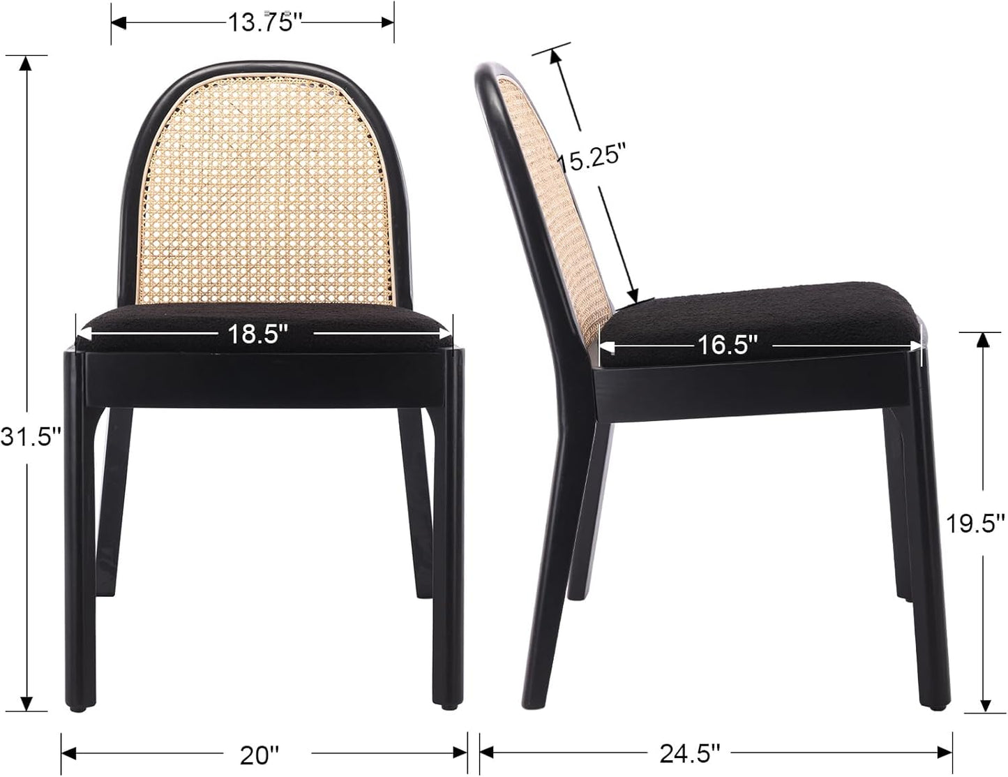 Mid Century Dining Chairs Set of 6, Accent Rattan Sherpa Fabric Side Chairs Kitchen Chair with Solid Wooden Legs for Living Room Dining Room, Black