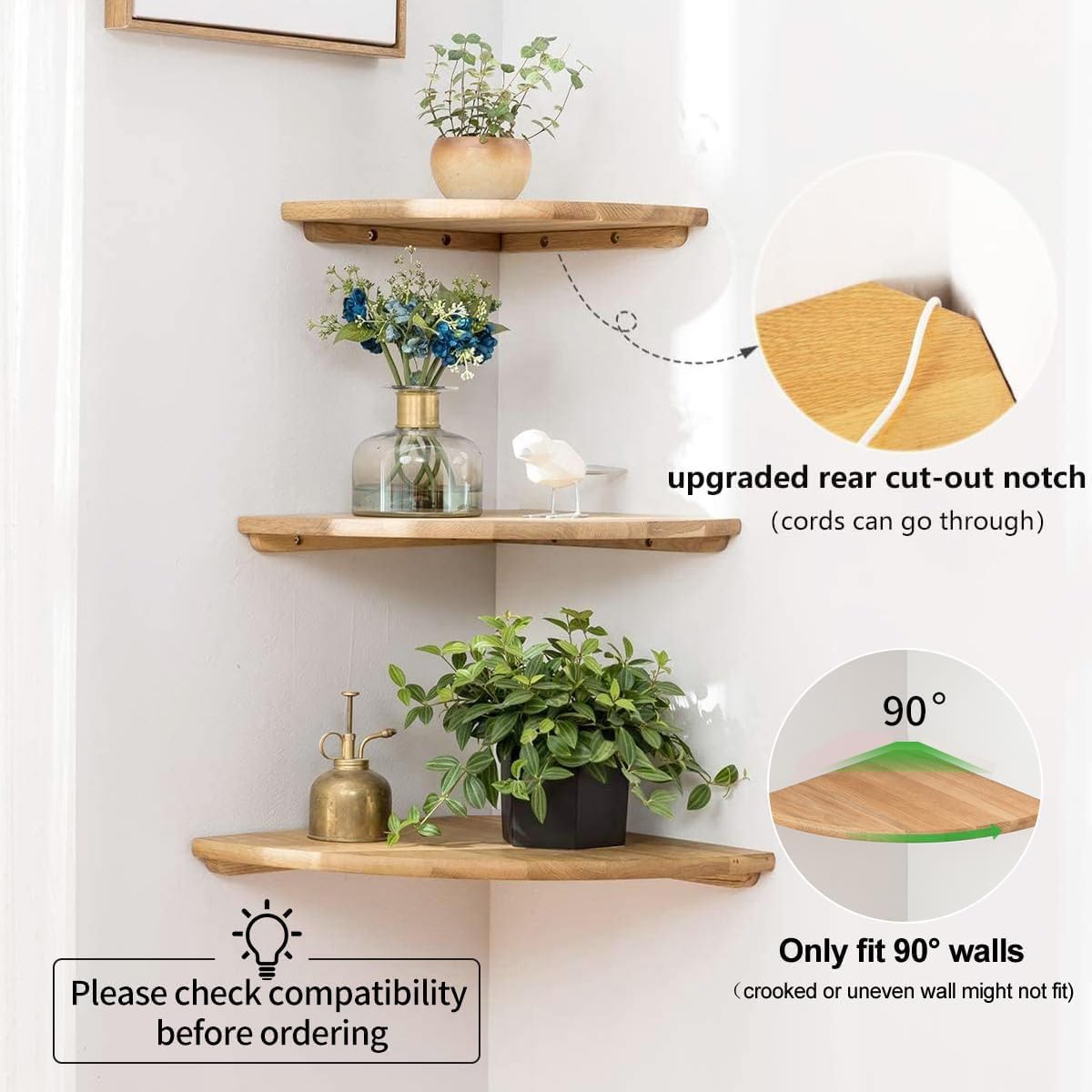 Corner Shelves, Floating Corner Shelf, Set of 3 Solid Oak Wood Corner Wall Shelves, Round End with Wire Hole Shelving for Small Plant for Bedroom Kitchen, Living Room (Size 9/10/12in)