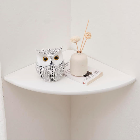Corner Shelf, White Solid Oak Wood Floating Corner Shelf Wall Mount Round End Floating Speaker Shelf Display Shelf for Small Plant Photo Frame (White, 16in)