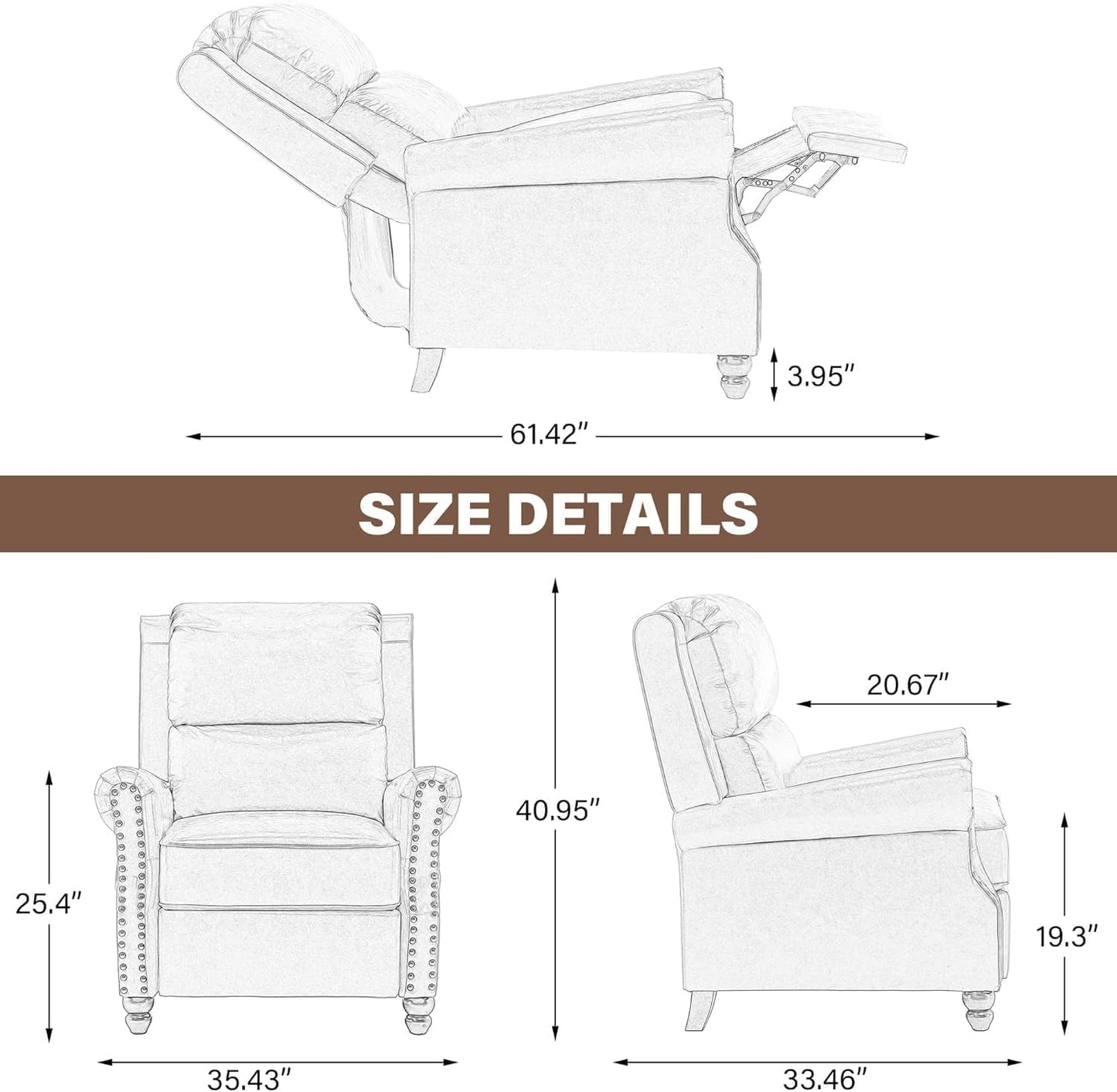 UIXE Pushback Recliner Chairs Set of 2, Faux Leather Armchair Push Back Accent Chair for Living Room, Rivet Trim Club Arm Chair Overstuffed Home Theater Single Sofa Reading Seat with Footrest - Gray
