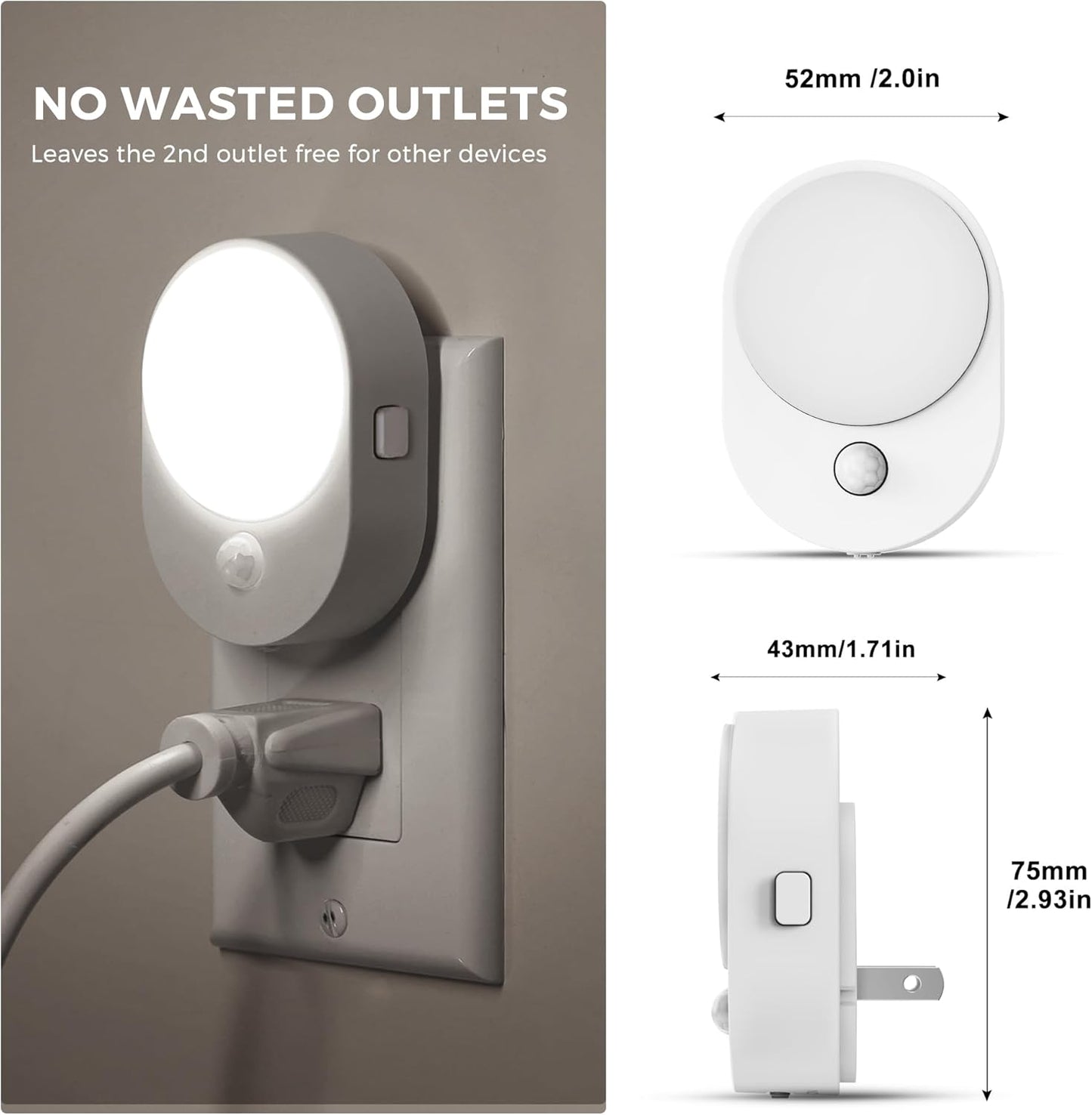 L LOHAS LED Plug in Night Light with Motion Sensor and Dusk to Dawn Sensor,[4-PACK] Night Lights Plug into Wall,5000K Daylight White,30/60/100LM Dimmable Nightlight for Bathroom Hallway
