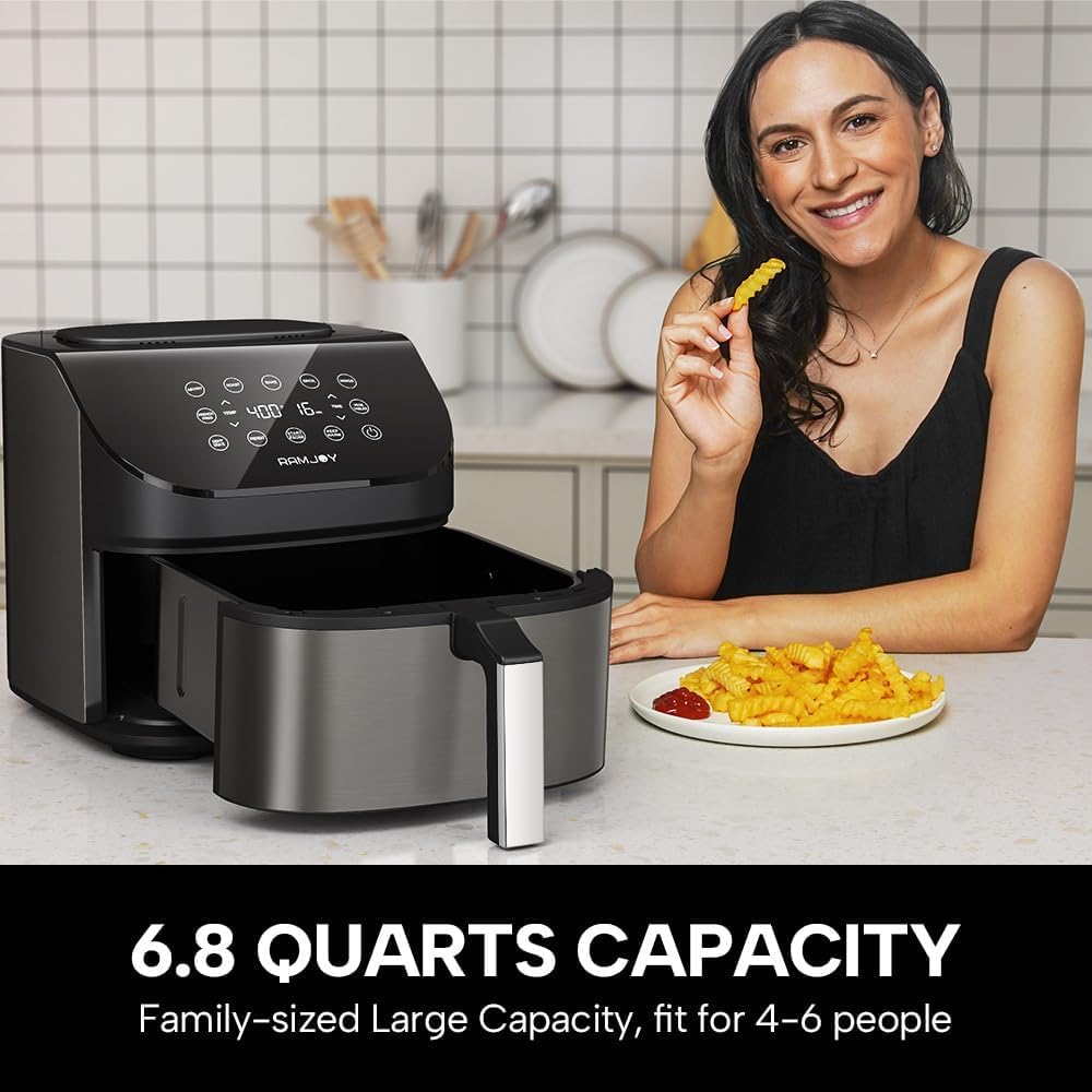Air Fryer 6.8 Quarts, 10-in-1 Functions, Air Fry, Roast, Bake, Broil, Dehydrate, Large & Compact Air Fryers, Nonstick & Dishwasher-Safe Airfryer Basket, Stainless Steel Air Fryer, Metal Grey